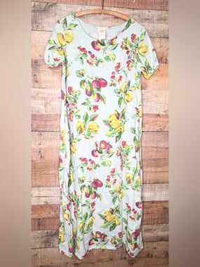 Vtg Tom-tom California Sm 100 Linen Midi Dress Green Fruit Cottagecore Lagenlook